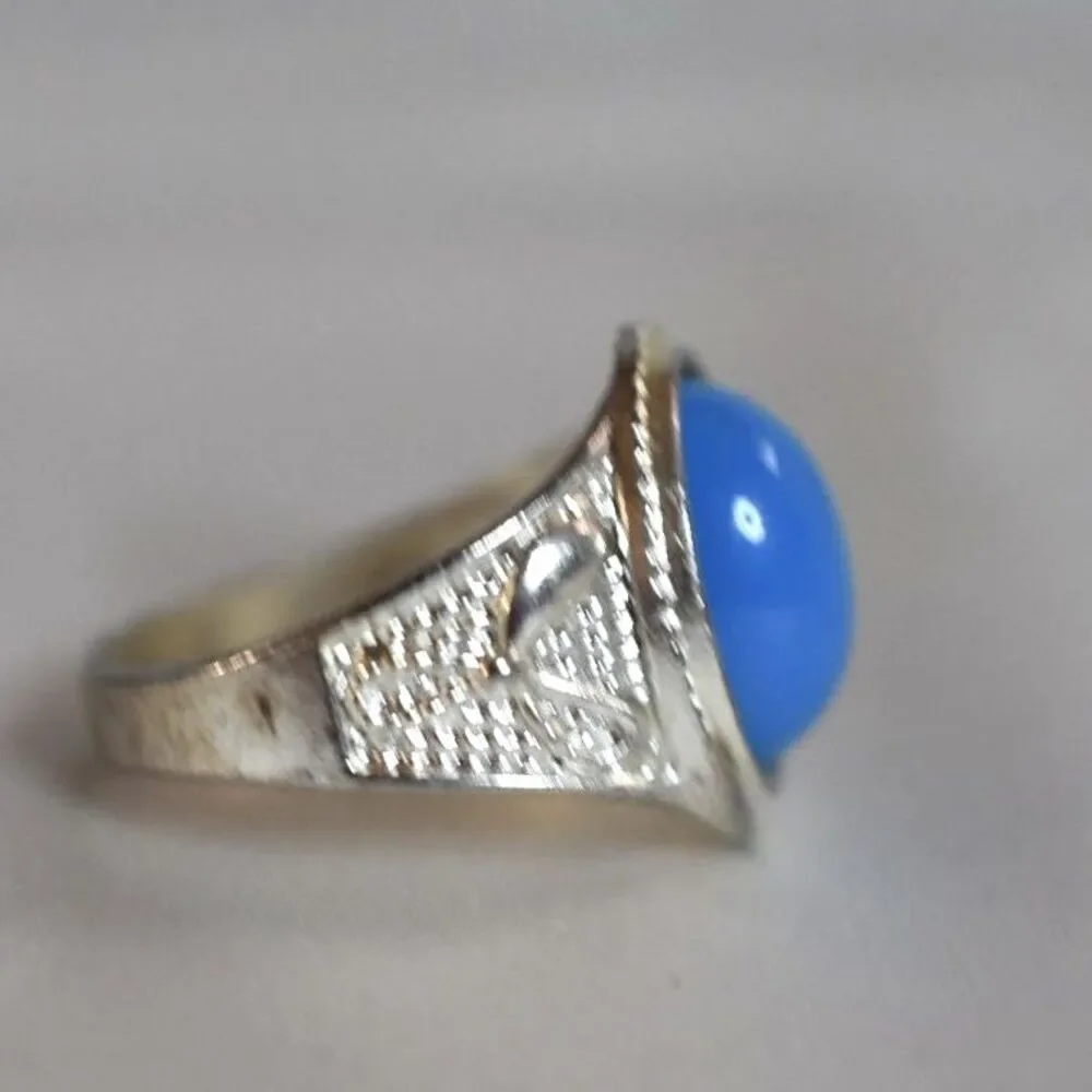 NWOT Electric Blue Energy Smooth Oval Stone Inlay Etched Silver Tone Size10 Ring